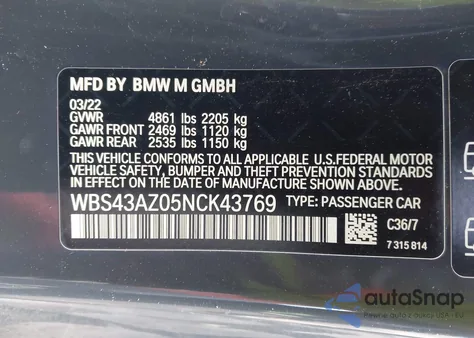 2022 BMW M4 Competition xDrive from USA, damaged, VIN WBS43AZ05NCK43769
